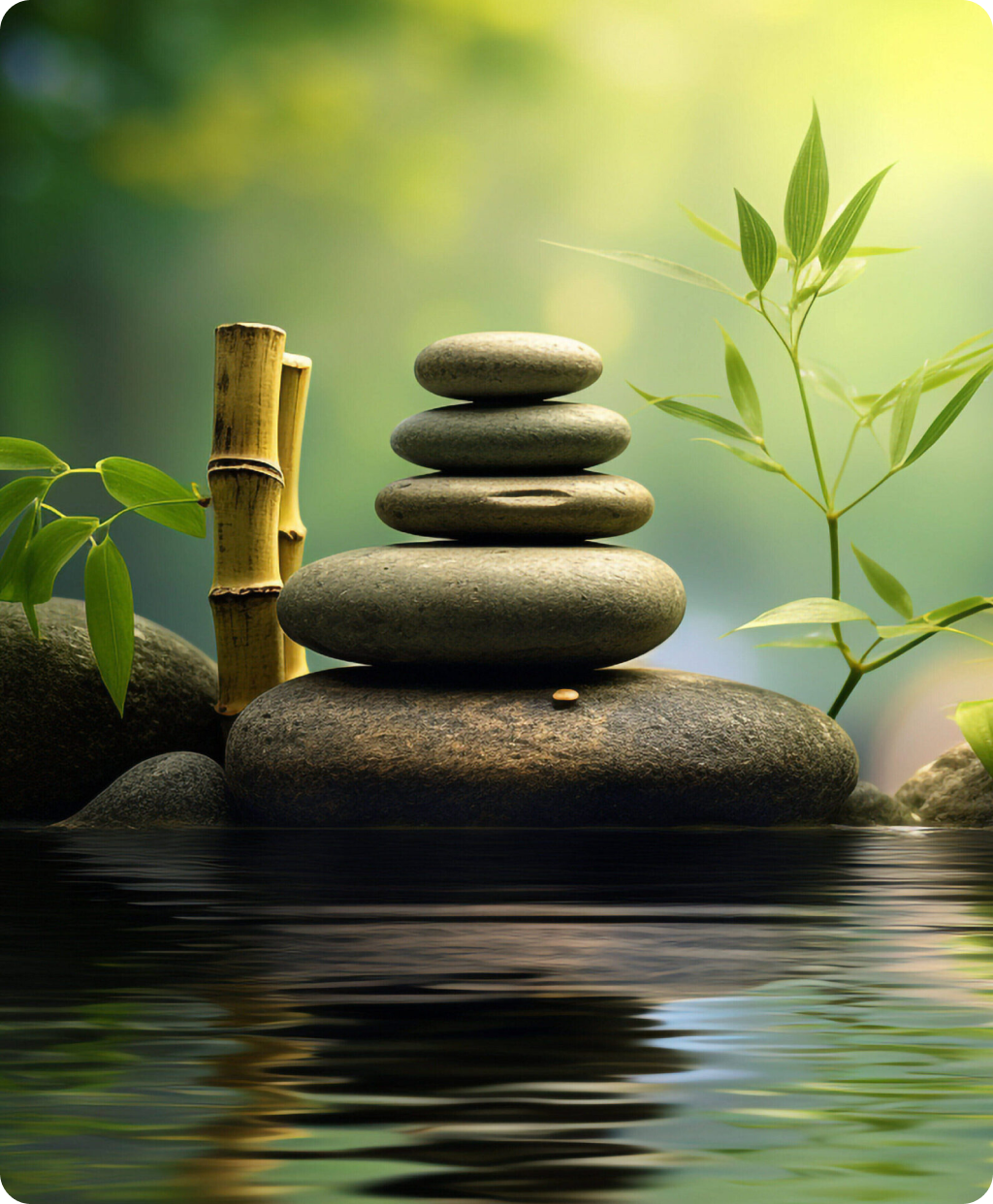 Serene stacked stones, bamboo, calm water.